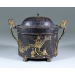 A Japanned Metal Tea Caddy, Early Georgian, with chinoiserie decoration, with stylised sphinx