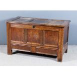 An 18th Century Panelled Oak Mule Chest with three fielded panels to top and front, carved with