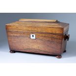 A Rosewood Sarcophagus-Shaped Tea Caddy, 19th Century, the interior with two dome-topped caddies and