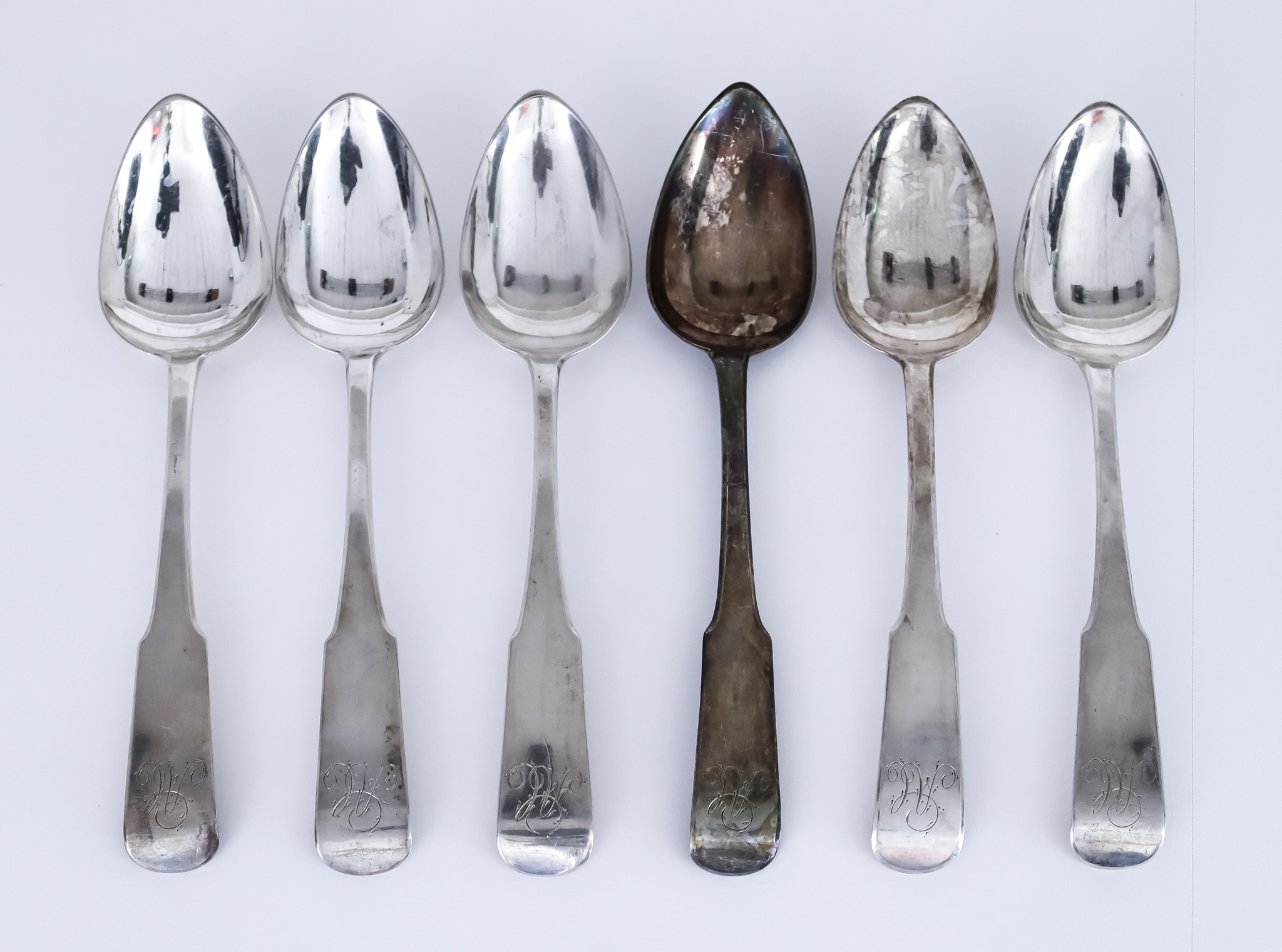 A Set of Six George III Scottish Silver Fiddle Pattern Table Spoons, by William Constable,