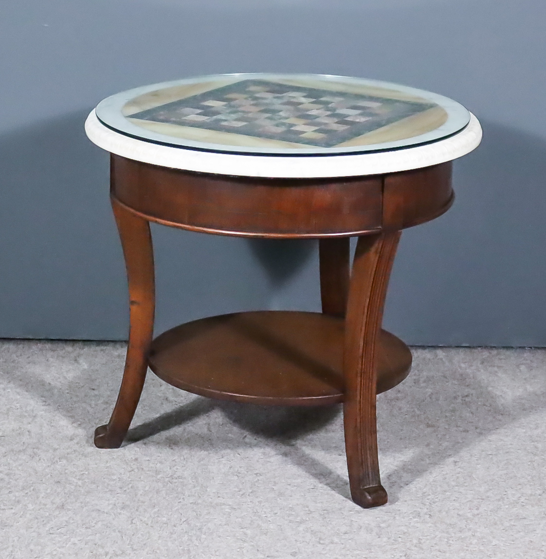 A Specimen Marble Table Top, inlaid with chessboard in differing coloured marble on a yellow onyx