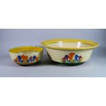 Crocus, a Clarice Cliff Bizarre Washbasin and Holborn Bowl, the washbasin 14.5ins diameter x 5ins