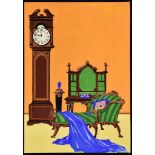 ***A. E. Halliwell (1905-1987) - Gouache - Poster - Interior with long case clock and green covered