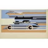 ***A.E.Halliwell (1905-1987) - Pencil and Gouache - Poster - Speeding aircraft, train and racing car