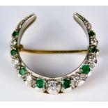 An Emerald and Diamond Crescent Brooch, 20th Century 9ct gold set with old European cut diamonds,