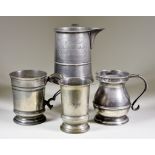 A Small Collection of English Pewter Tankards and Measures, 19th Century, including - quart