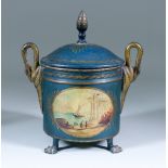 A Dutch Blue Painted Brass Tea Caddy, 19th Century, with painted landscapes and stylised swan