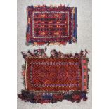 Two Antique Persian Juval/Saltbags, woven in colours, with geometric motifs on wine ground, 42ins