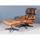 After Ray and Charles Eames - Modern Veneered Wood and Black Metal Framed Lounge Chair, (No.670),