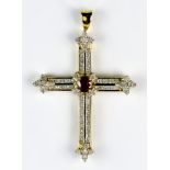 A Ruby and Diamond Cross, Modern, 18ct gold set with a centre faceted ruby, approximately .79ct,