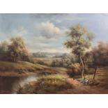 19th/20th Century School - Oil painting - Hilly landscape with figures and horse on path by lake