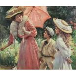 20th Century School - Oil painting - Half length portrait of a woman holding a pink parasol