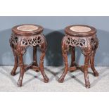 A Pair of Chinese Hardwood and Marble-Topped Jardiniere Stands, 19th Century, the friezes and legs