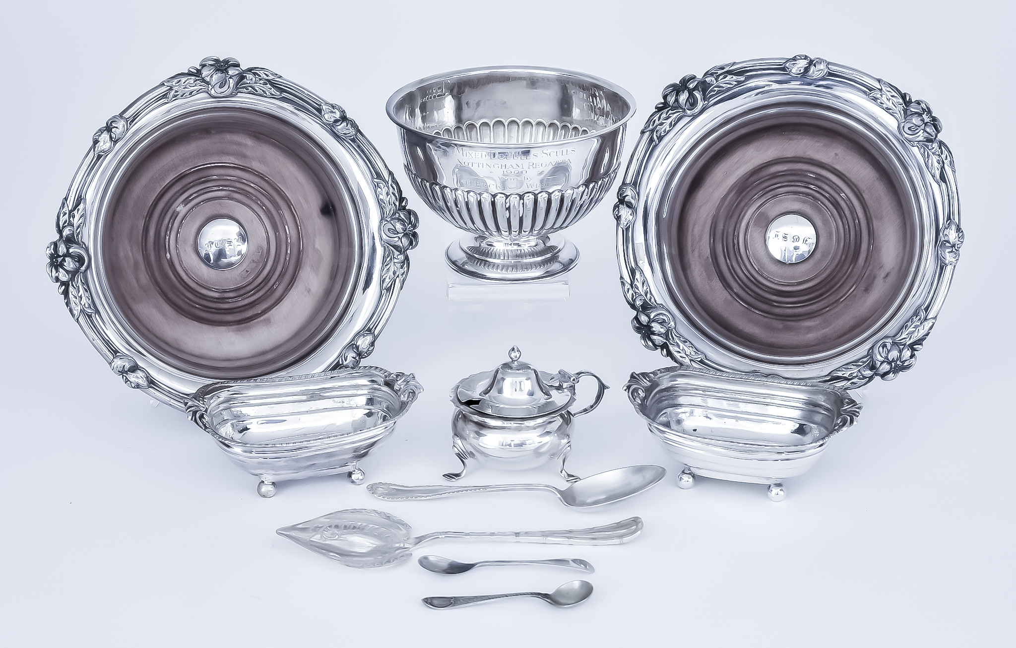 A Pair of Georgian Silver Rectangular Salts and Mixed Silverware, the salts, hallmarks rubbed,