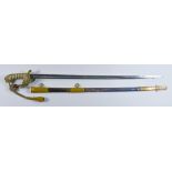 A Naval Officers Dress Sword, Circa 19th Century, 31ins bright steel blade etched with crown over