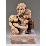 Megan Di Girolamo (born 1942) - Glazed stoneware - Mother and two children, on stone base, 9.5ins