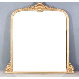 A Large Gilt Framed Overmantel Mirror, the moulded frame with shell and leaf scroll ornament,