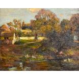 ***Herbert Royle (1870-1958) - Oil painting - Village pond with cottages, signed, relined canvas,