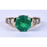 An Emerald and Diamond Ring, Modern, 14ct gold set with a centre emerald, approximately 1.50ct,