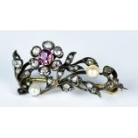 A Diamond, Topaz and Pearl Set Brooch, 19th Century, white and yellow coloured metal set with rose