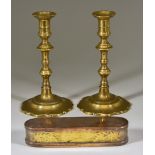 A Pair of English Seamed Brass Candlesticks, Circa 1755, 7.75ins high, and a Dutch brass and