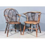 Two 19th Century Beechwood and Elm Windsor Stickback Armchairs, each with turned under tiers