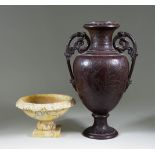 A Carved Alabaster Bowl, Late 19th Century, on carved and turned stem and square base, 7.5ins