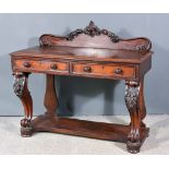 A Victorian Mahogany Console Table, the shaped back carved with berries, moulded edge to top, fitted