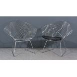 After Harry Bertoia (1915-1978) - A Pair of Chrome Metal Mesh Diamond Chairs, with black vinyl