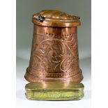 An English Copper Arts & Crafts Lidded Vessel, Late 19th Century, the sides with a repoussé design