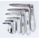 Four Silver and Mother of Pearl Handled Pocket Fruit Knives and Two Penknives including - a fruit