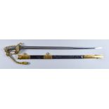 A Naval Officers Dress Sword, Late 19th/Early 20th Century, 30ins bright steel blade, brass guard