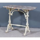 A Cast Iron Rectangular Garden Table, with veined marble slab to top, on scroll pattern end supports