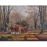 ***Ronald Moselely (born 1931) - Oil painting - Woodland scene with woodman with horse drawn cart,