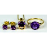 An Amethyst Suite, Modern, comprising - 9ct gold ring set with a centre faceted amethyst,