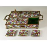 A Japanese Cloisonné Lozenge Shaped Two-Handled Desk Tray, 20th Century, with two lidded