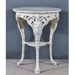 A Victorian White Painted Cast Iron Circular Pub Table, with white flecked marble top, on three legs