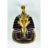 A Lapis, Diamond and Sapphire Egyptian Pharaoh Pendant, Modern, 18ct gold set with faceted