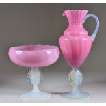 A Moulded Pink Glass Bowl on Opalescent Stem, and matching jug, the stems moulded with oval portrait