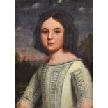 19th Century School - Oil painting - Half length portrait of a young girl wearing a white dress with