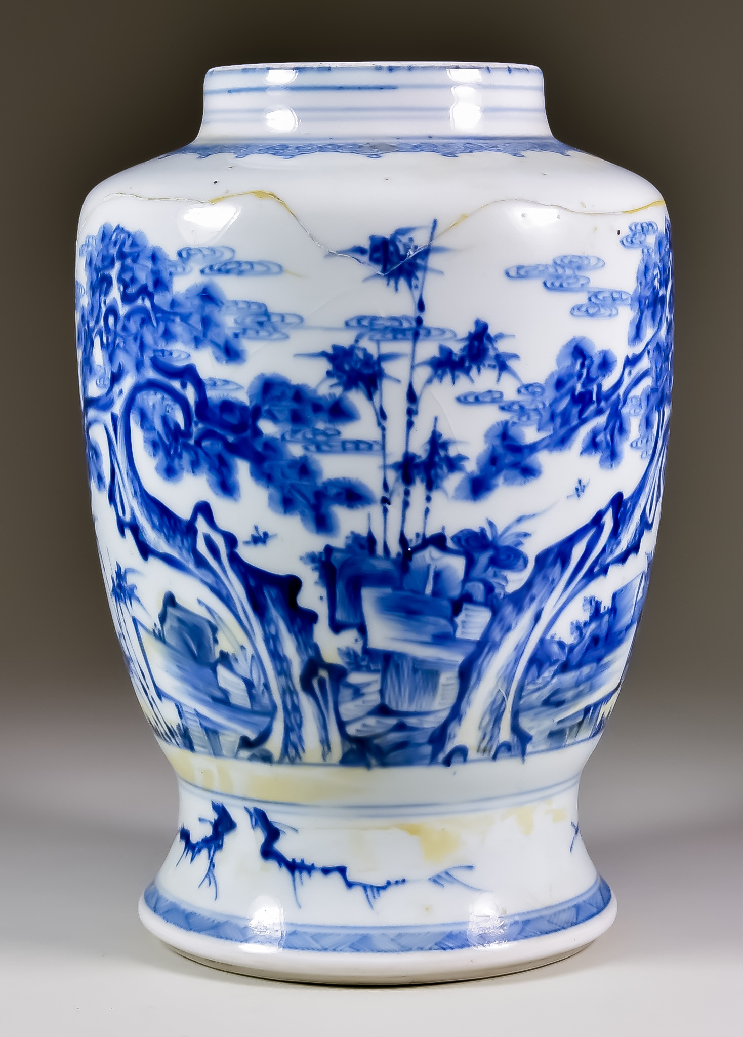 A Chinese Blue and White Porcelain Vase, 18th Century, painted with stag and deer in a landscape