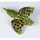 A Gem Set Kingfisher Brooch, Modern, 18ct gold set with small sapphires and emeralds, 30mm x 23mm,