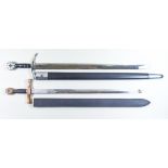 Two Reproduction Swords, comprising - one "Crusader" sword, 33ins bright steeled blade, leather