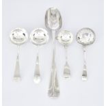 A George II Irish Silver Hanoverian Rat-Tail Pattern Gravy Spoon and Four Silver Ladles, the gravy