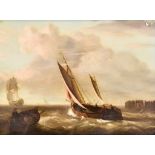 19th Century British School - Oil painting - Seascape with fishing boats in a choppy sea, panel 9ins