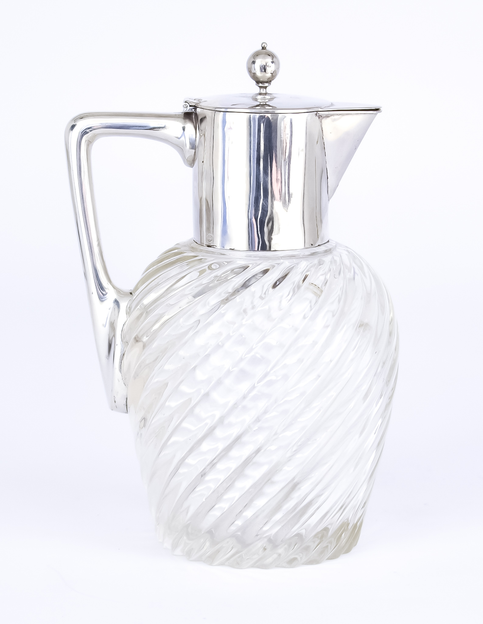 A French Silvery Metal Mounted and Spiral Reeded Glass Claret Jug, the plain mount with ball pattern