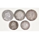 Five Georgian Silver Coins, comprising - George III silver shilling 1781, fair, George I silver