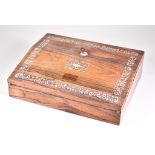 A Rosewood and Mother-of-Pearl Writing Box, Late Victorian, inlaid with leaf scroll ornament, and