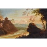 19th Century Continental School - Oil painting - River landscape with figure on a rocky outcrop to