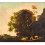 18th Century Continental School - Oil painting - Rural river landscape with figures and cattle